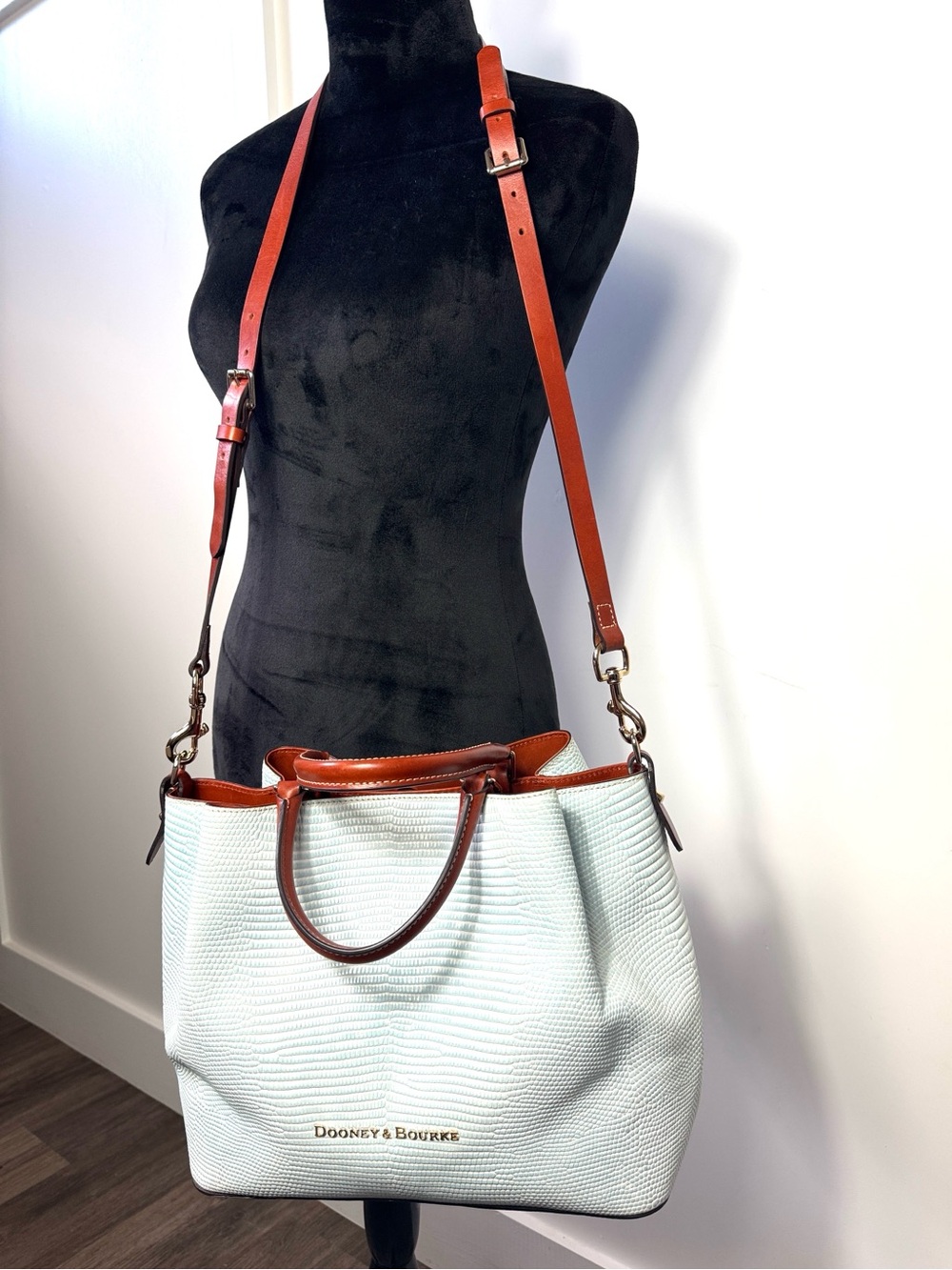 Dooney & Bourke Light Blue Textured Tote with Brown Leather Trim